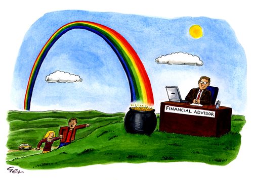 Pot of gold at end of rainbow has a financial advisor with it.