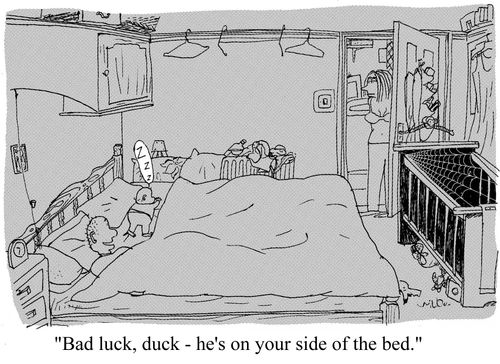 'Bad luck duck - he's on your side of the bed.'