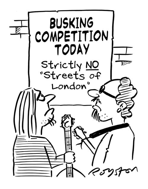 Glum buskers look at sign that says: 'BUSKING COMPETITION TODAY: Strictly NO Streets of London.'