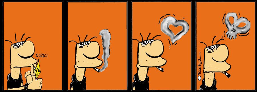Man lighting up cigarette, smoke ring turns into a skull.