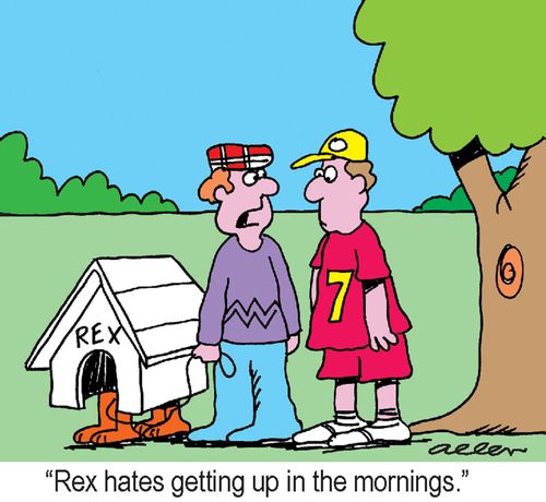 "Rex hates getting up in the mornings."