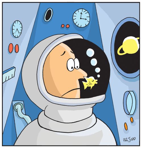 Astronaut watching Goldfish swim inside his helmet.
