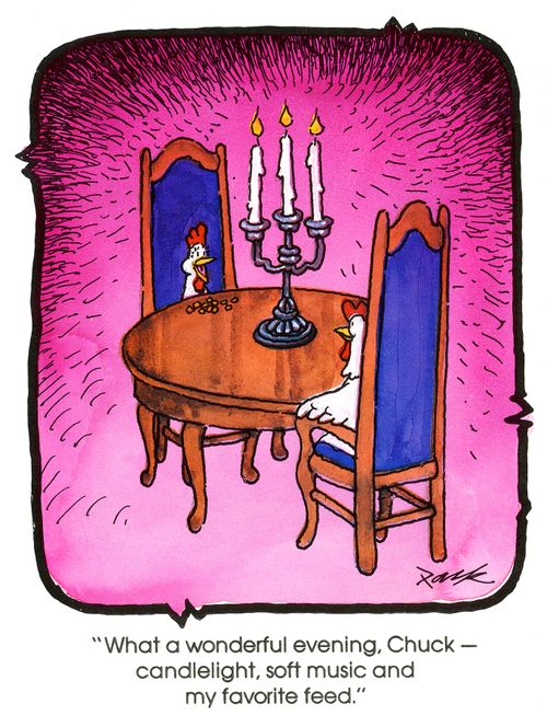 'What a wonderful evening, Chuck - candlelight, soft music and my favourite feed.'