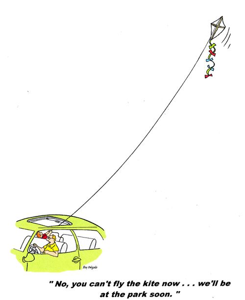 'No, you can't fly the kite now...we'll be at the park soon.'