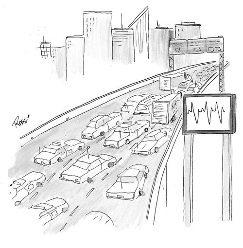 Roadside monitor displays rapid heart rate in heavy traffic.