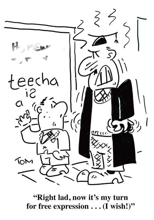 'Right lad, now it's my turn for free expression . . . (I wish!)'