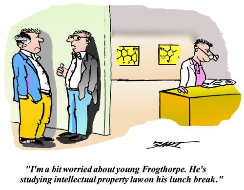'I'm a bit worried about young Frogthorpe. He's studying intellectual property law on his lunch break.'