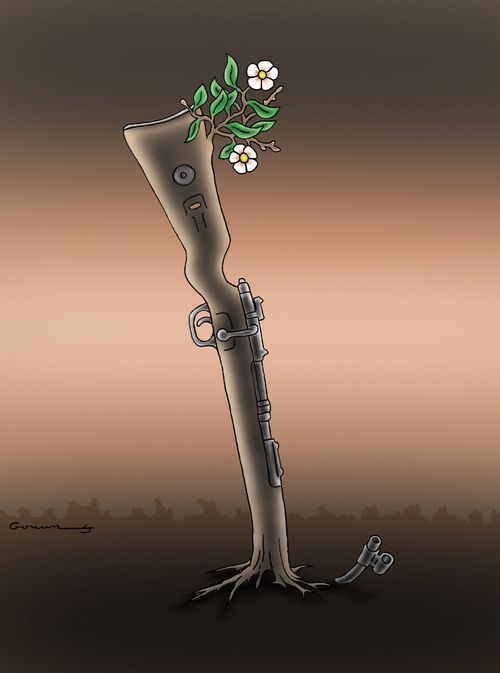 Flowers growing from the butt of a rifle.