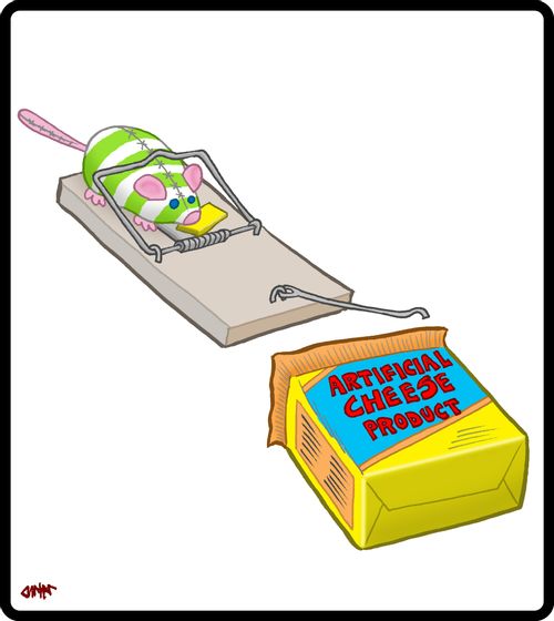 Fake mouse trapped by an artificial cheese product.