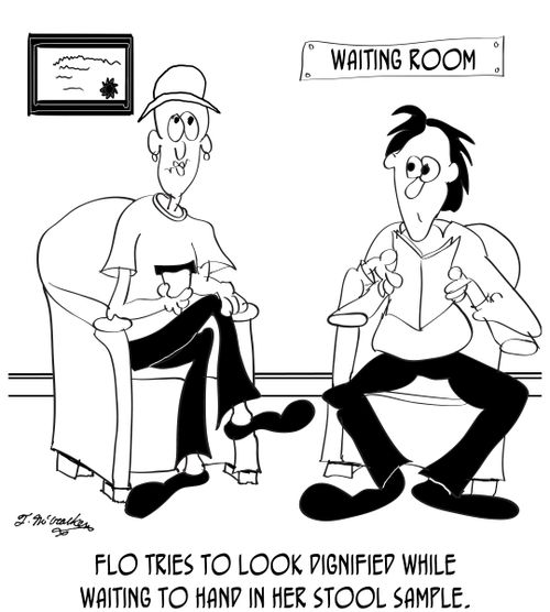 Flo tries to look dignified while waiting to hand in her stool sample.