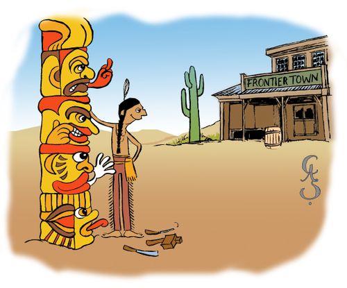 Red Indian with totem pole making rude gestures towards frontier town.
