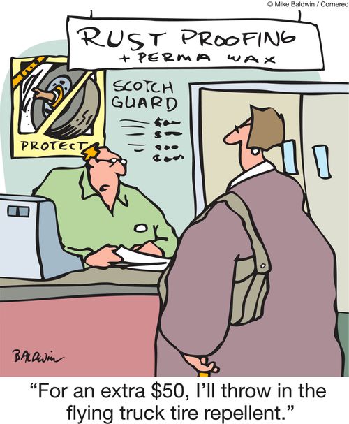 'For an extra $50, I'll throw in the flying truck tire repellent.'