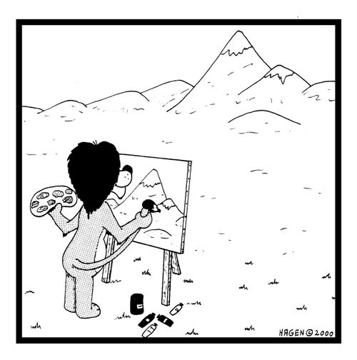 Lion Using Tail to Paint Mountain Scene
