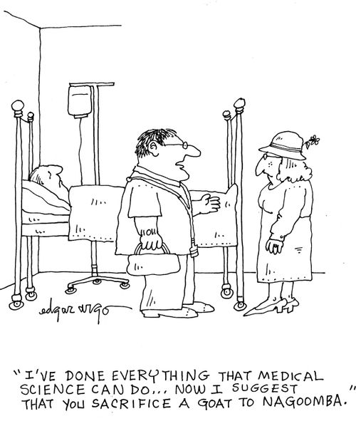 'I've done everything that medical science can do...now I suggest you sacrifice a goat to Nagoomba.'