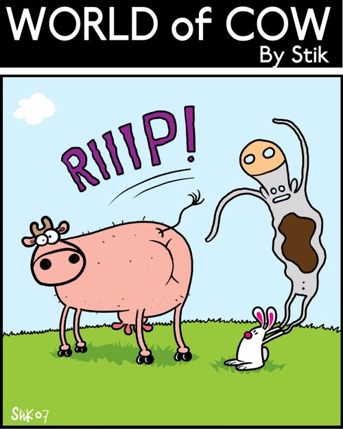 Rabbit ripping off a cows attire.