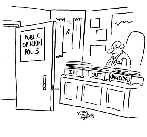 Desk of Public Opinion Polls has 'In' box 'Out' box and 'Undecided'.