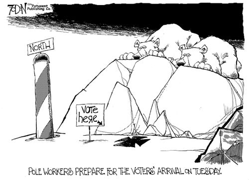 Pole workers prepare for the voters' arrival on tuesday.