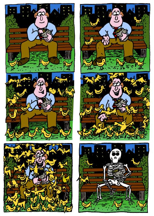 Man feeding the birds at the park is eaten alive.