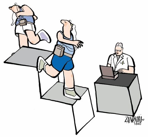 Joggers on visual illusion staircase.