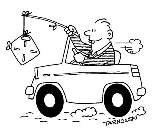 Encouraging a car with a fuel can on a stick (black and white).