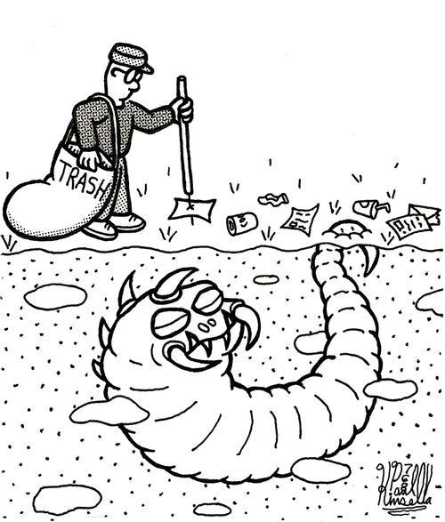 Trash man getting close to underground monster.