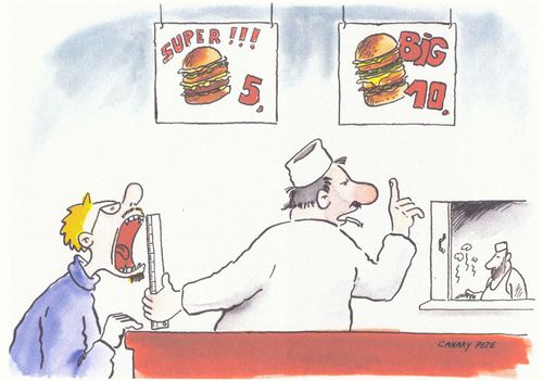 Burger chef measuring a man's mouth for size.