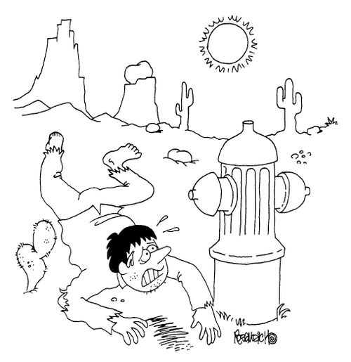 Dehydrated man in desert finds a fire hydrant