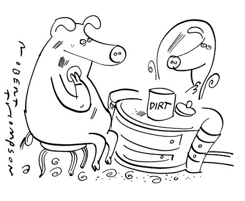 A Pig applying 'dirt' like make-up infront of a mirror