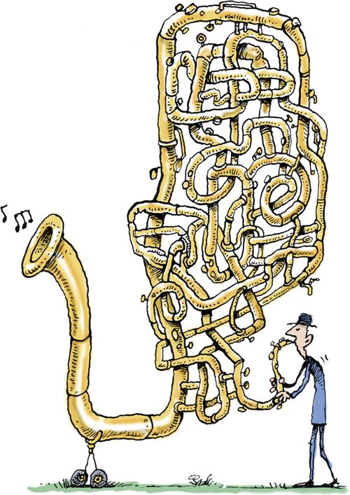 Man playing huge complicated brass instrument.