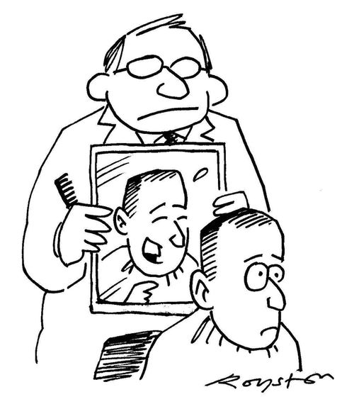 Barbershop customer's reflection mocks his haircut.
