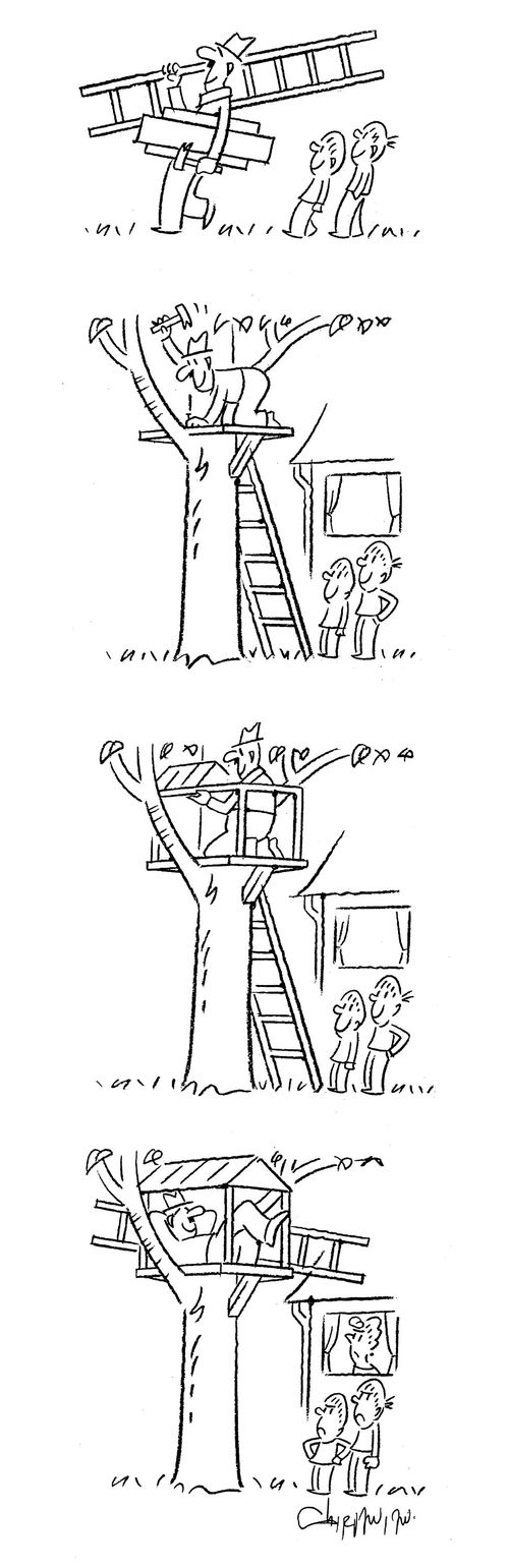 Excited children watch as Dad builds a tree house - only for their parents to use it and not let them in.
