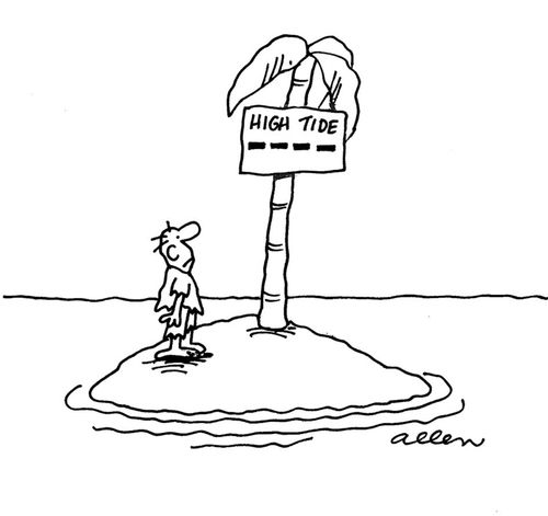 Man on desert island looking HIGH TIDE sign.