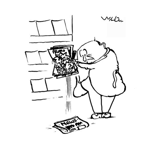 Newspaper falls out of pile of junk leaflets.