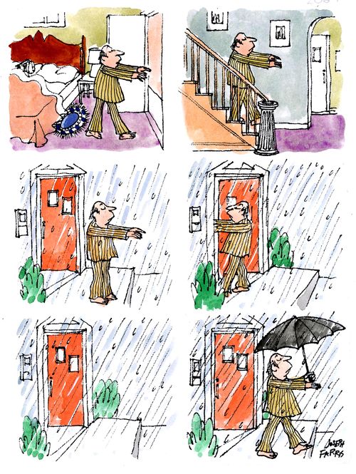 Sleepwalking man goes back for umbrella.