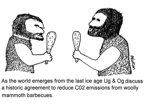 As the world emerges from the last ice age Ug & Og discuss a historic agreement to reduce CO2 emissions from woolly mammoth barbecues.