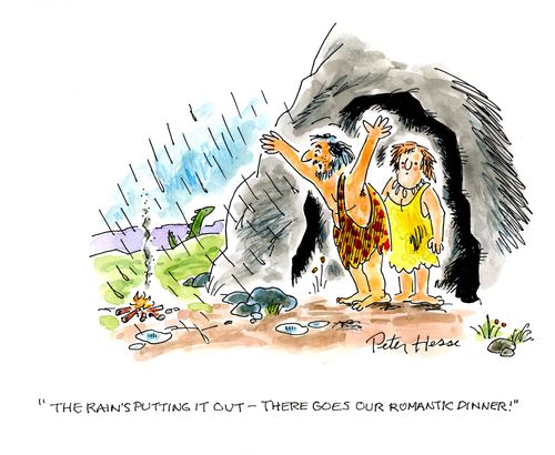 'The rain's putting it out - there goes our romantic dinner.'