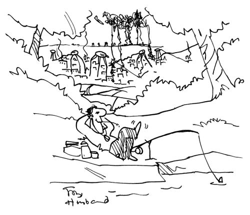 Man fishing while aliens invade.