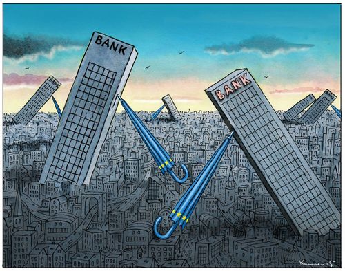 Banks held up by Euro umbrellas.