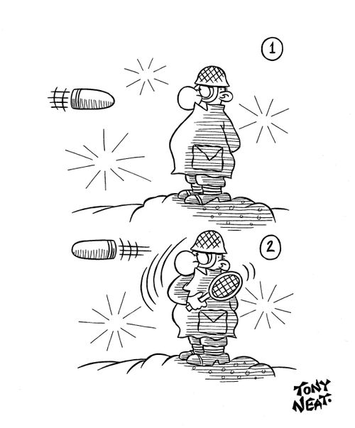 Soldier returns bullet with tennis racket.