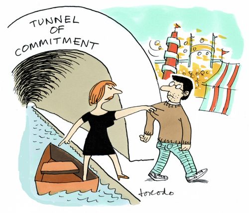 Woman dragging reluctant partner into Tunnel of Commitment.