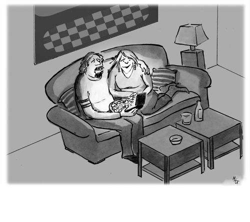 Couple is watching tv on a cell phone instead of a large screen.