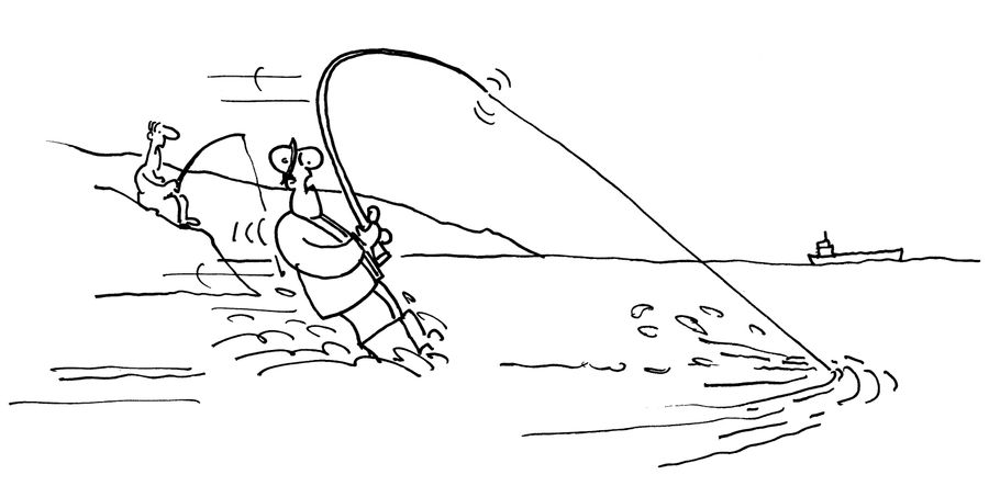 Fisherman being dragged along water by fish.
