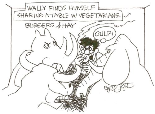 Wally finds himself sharing a table with vegetarians.