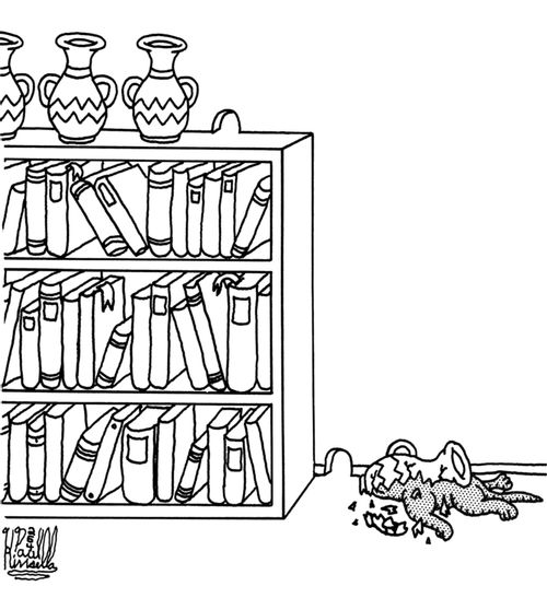 A Vase has fallen on a cat's head. Are mice to blame?