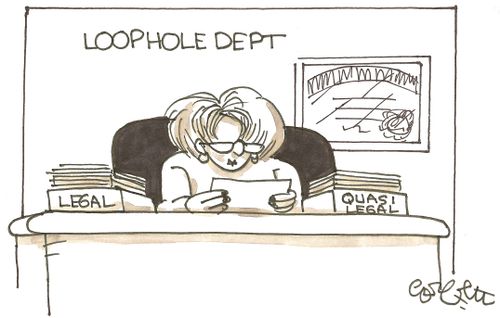 Woman in the Loophole Department with desk organisers labelled 'Legal' and 'Quasi Legal'.