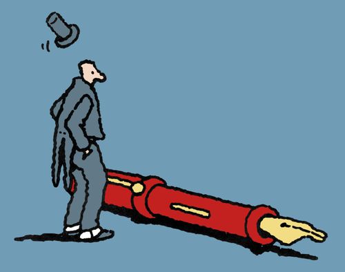 A man nearly trips over a giant pen.