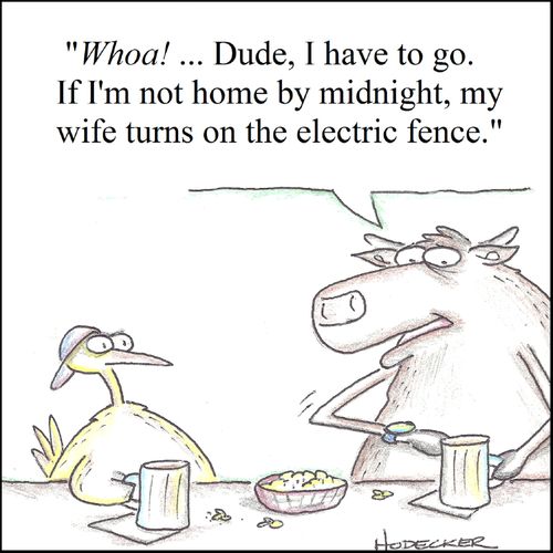 'If I'm not home by midnight, my wife turns on the electric fence.'