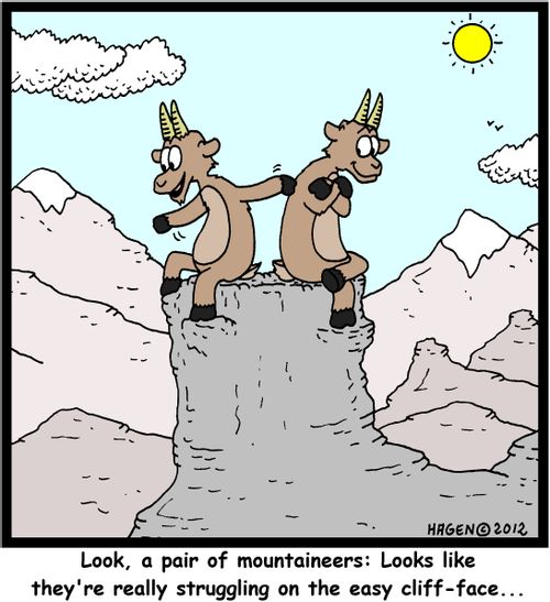 'Look, a pair of mountaineers: Looks like they're really struggling on the easy cliff-face...'