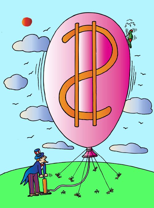 Uncle Sam pumps up a dollar balloon.