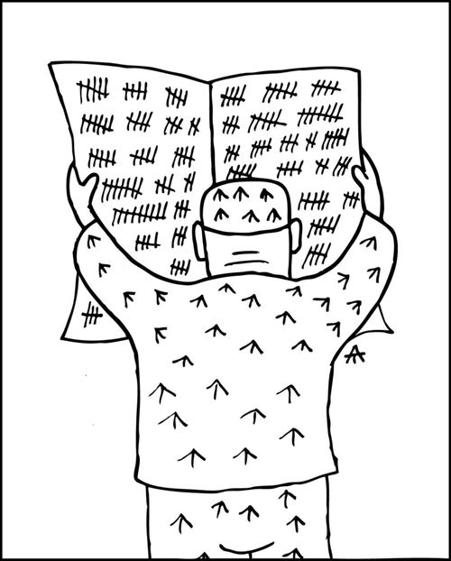 Prisoner with tally marks in his newspaper.